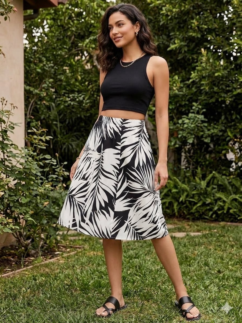 Who What Wear Black and White Tropical Palm Print Knee-Length Skirt